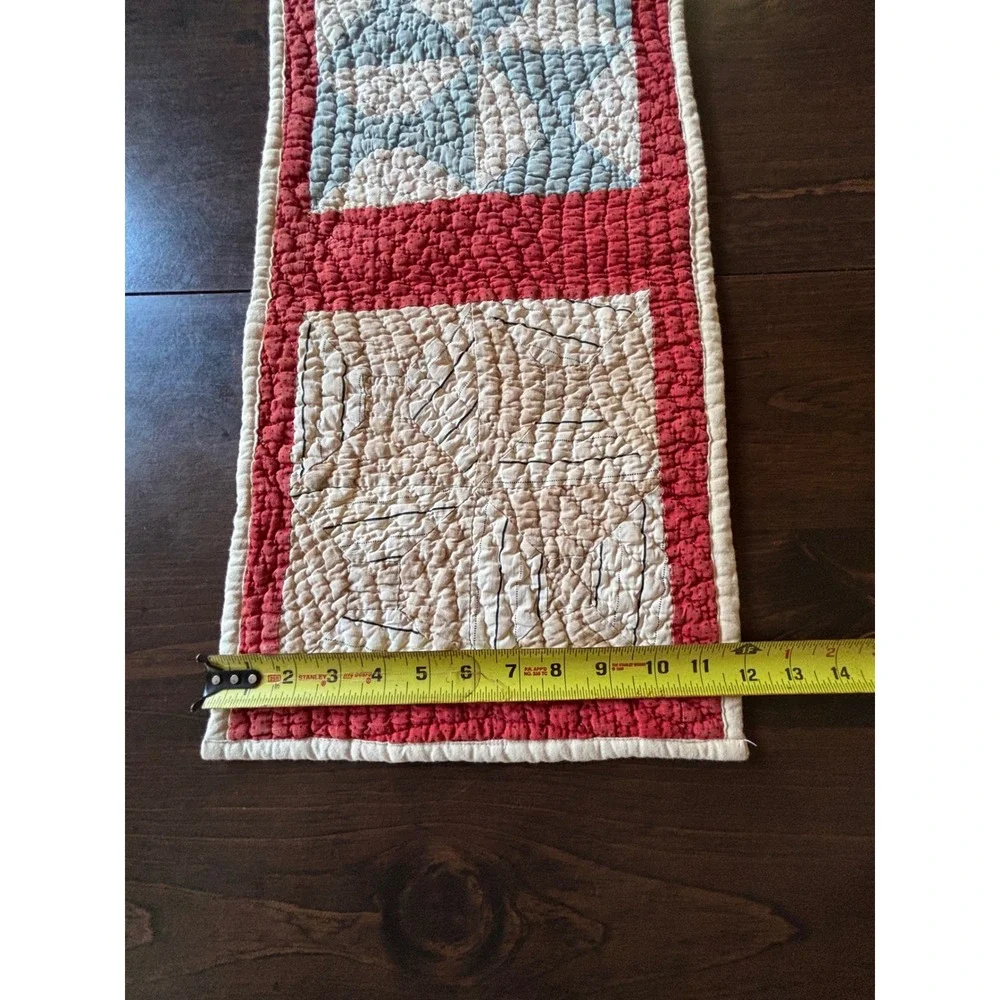 Reversible Patchwork Table Runner Americana Red Cream Blue Star Farmhouse 44x11